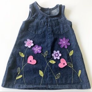 WonderKids Denim Jean Jumper Dress with Flower Appliqué Back Button Closure Blue